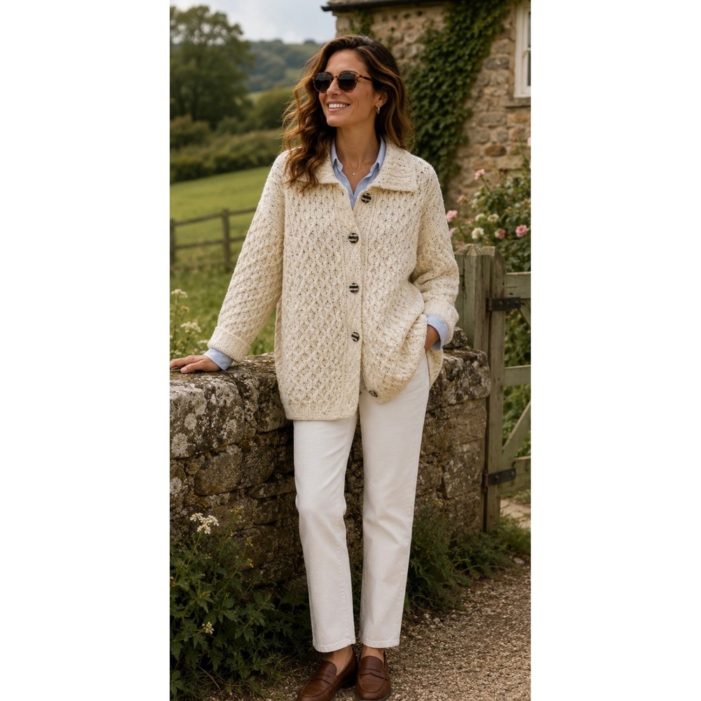 Carraig Donn Ivory  Wool Aran Cable Knit Cardigan Sweater Fisherman L Ireland